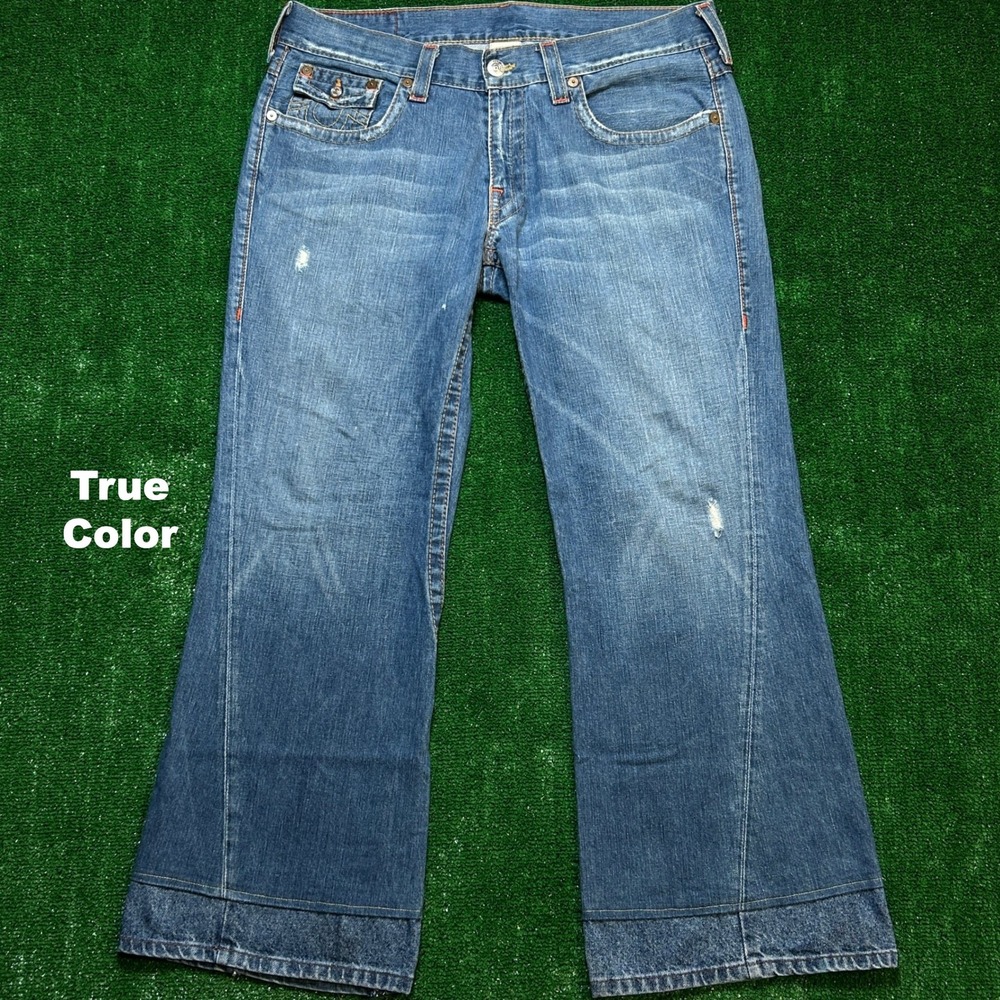 Vintage Y2K True Religion Joey Distressed Flap Flare Jeans Blue USA 38x33